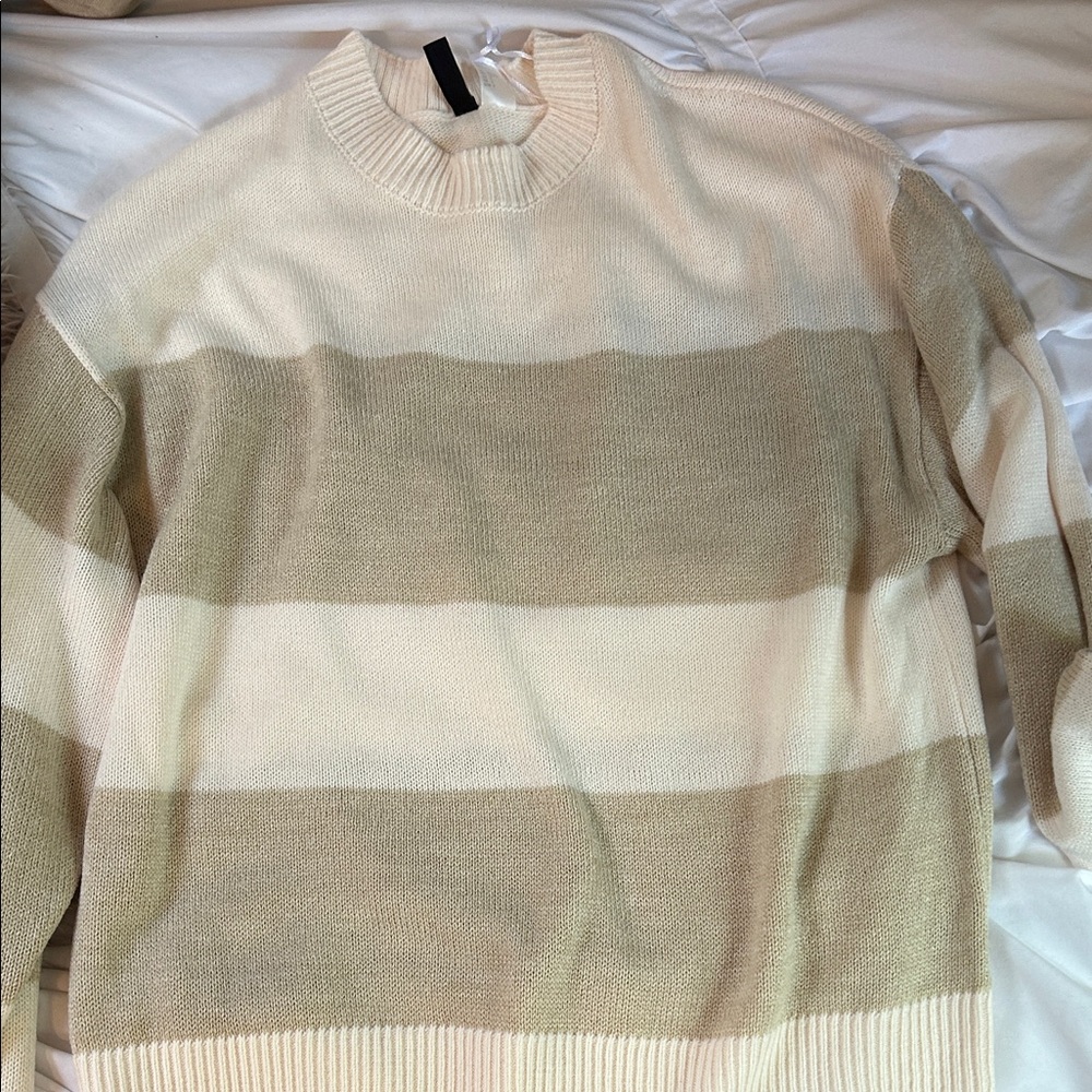 Divided Men's Beige and Cream Striped Crewneck Sweater